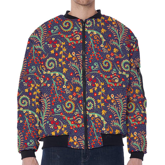 Mandala Floral Bohemian Pattern Print Zip Sleeve Bomber Jacket