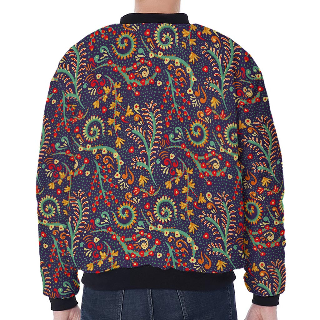 Mandala Floral Bohemian Pattern Print Zip Sleeve Bomber Jacket