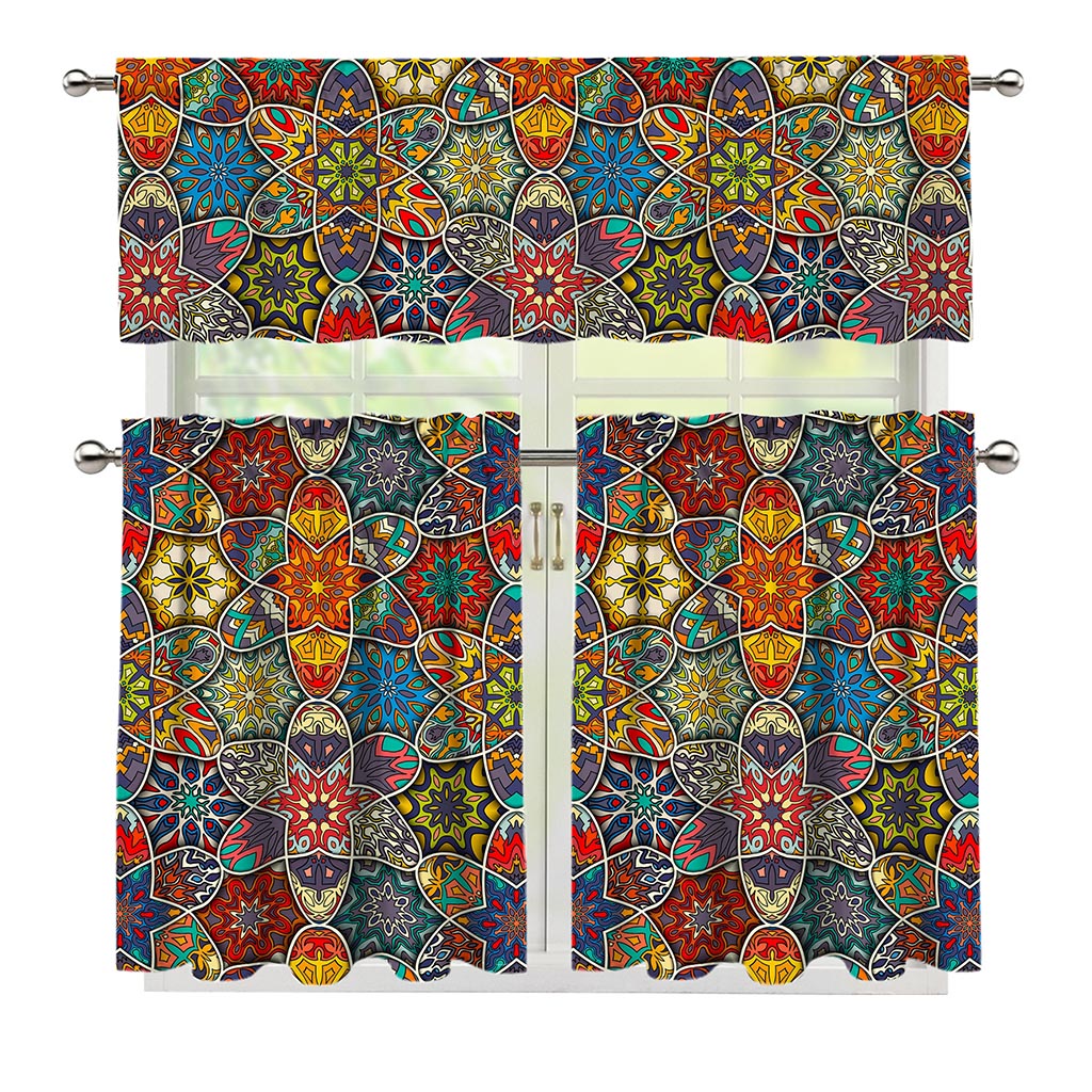 Mandala Star Bohemian Pattern Print 3 Piece Kitchen Curtains