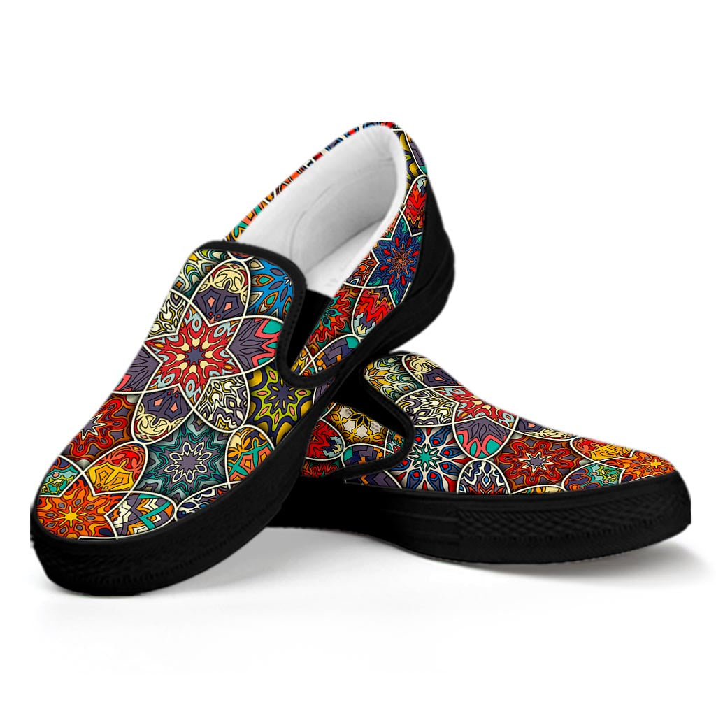 Mandala Star Bohemian Pattern Print Black Slip On Sneakers