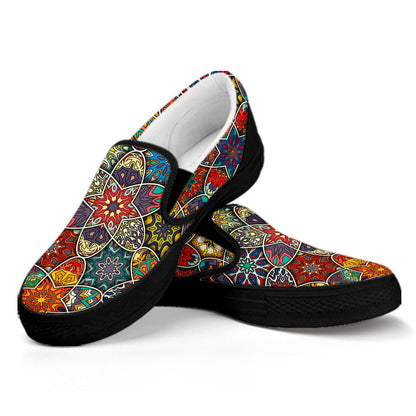 Mandala Star Bohemian Pattern Print Black Slip On Sneakers