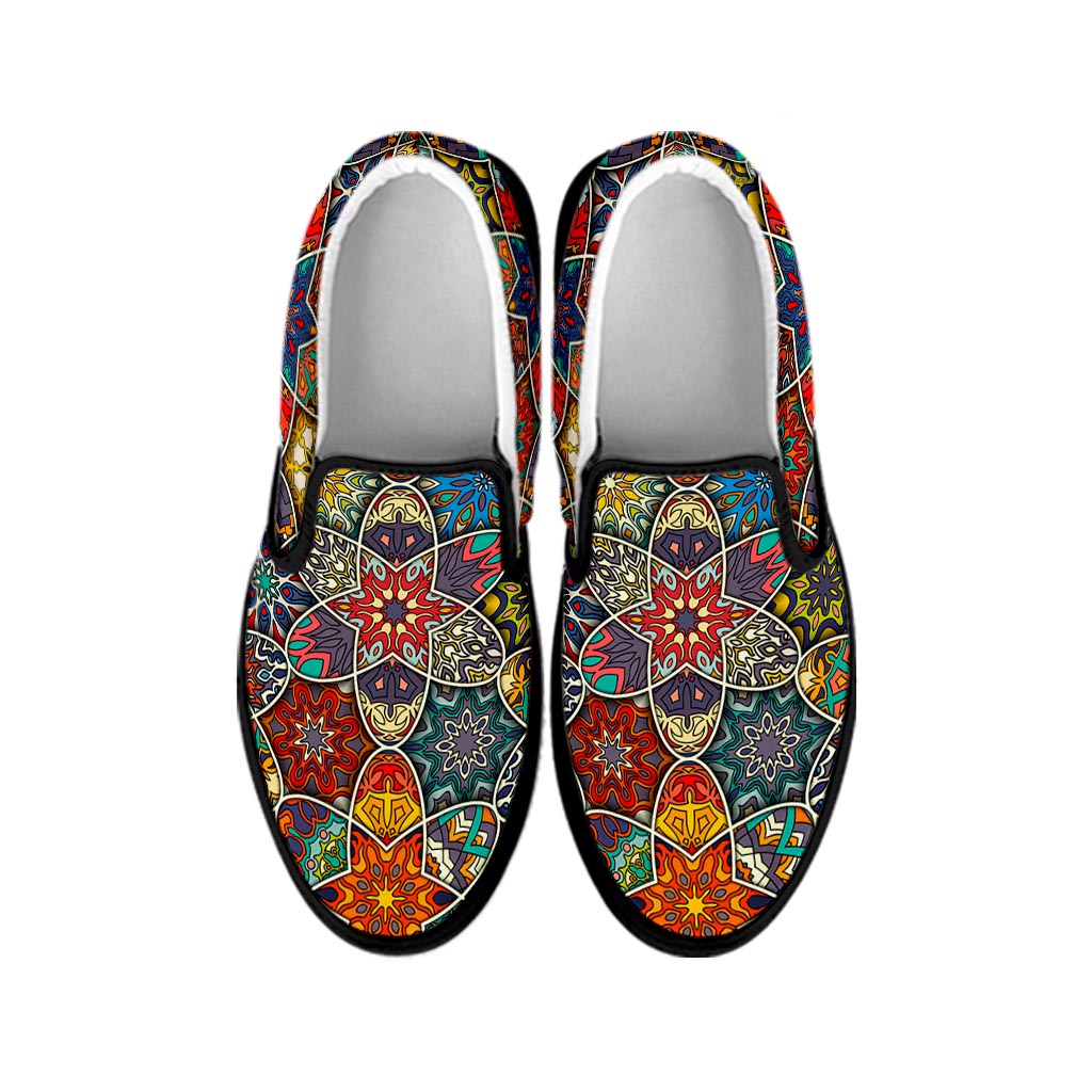 Mandala Star Bohemian Pattern Print Black Slip On Sneakers