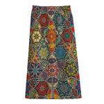 Mandala Star Bohemian Pattern Print Cotton Front Slit Maxi Skirt