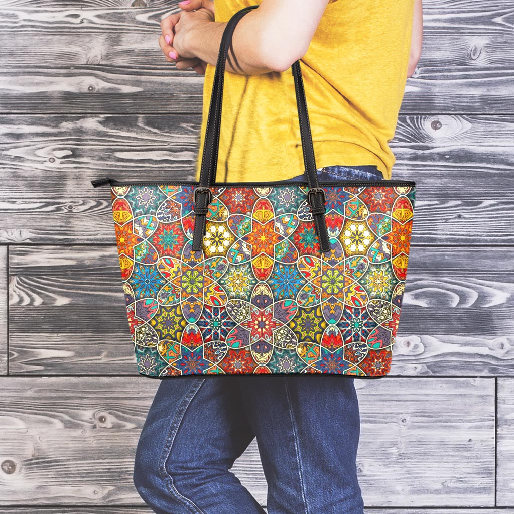 Mandala Star Bohemian Pattern Print Leather Tote Bag