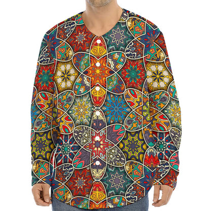 Mandala Star Bohemian Pattern Print Long Sleeve Baseball Jersey