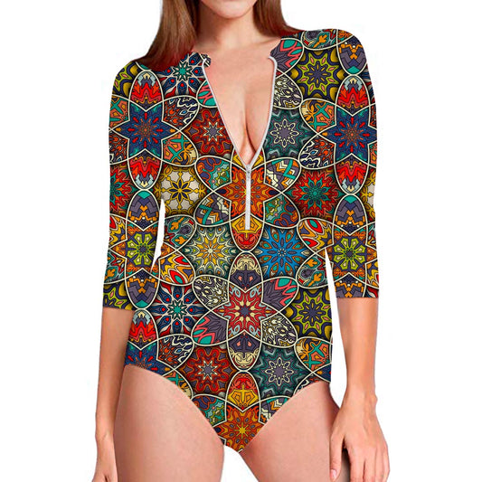 Mandala Star Bohemian Pattern Print Long Sleeve Swimsuit