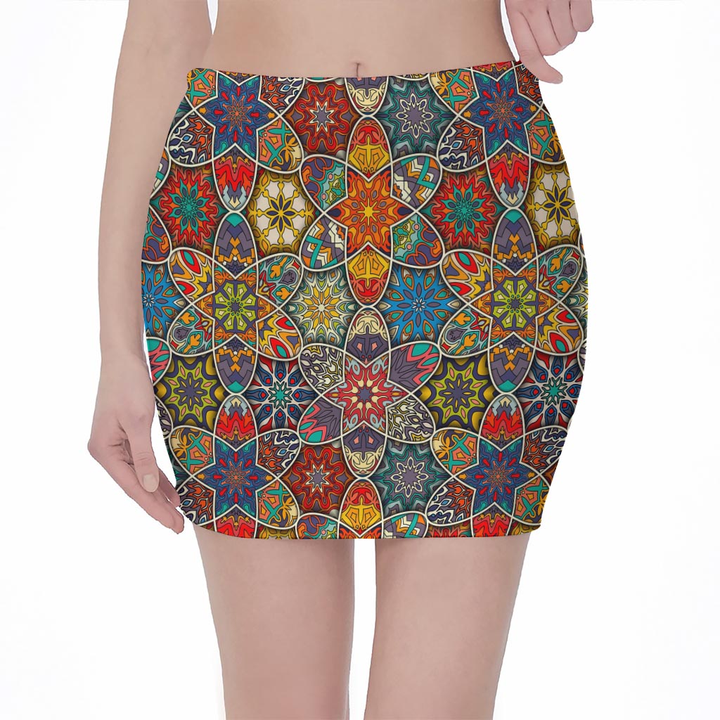 Mandala Star Bohemian Pattern Print Pencil Mini Skirt