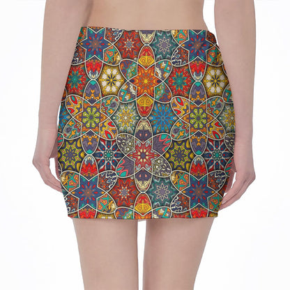 Mandala Star Bohemian Pattern Print Pencil Mini Skirt