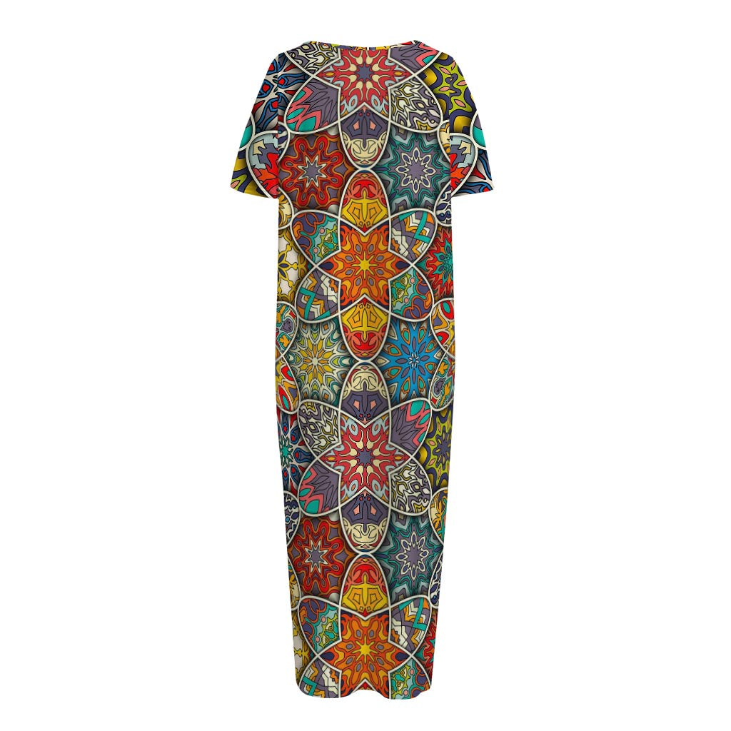 Mandala Star Bohemian Pattern Print Short Sleeve Long Nightdress
