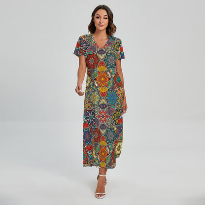 Mandala Star Bohemian Pattern Print Short Sleeve Maxi Dress