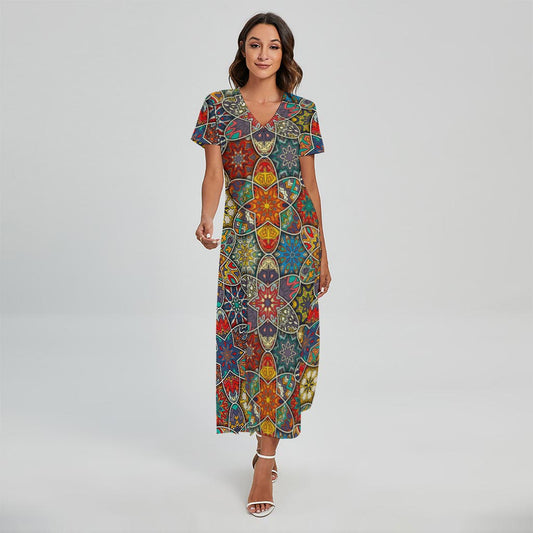 Mandala Star Bohemian Pattern Print Short Sleeve Maxi Dress