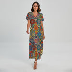 Mandala Star Bohemian Pattern Print Short Sleeve Maxi Dress