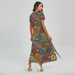 Mandala Star Bohemian Pattern Print Short Sleeve Maxi Dress