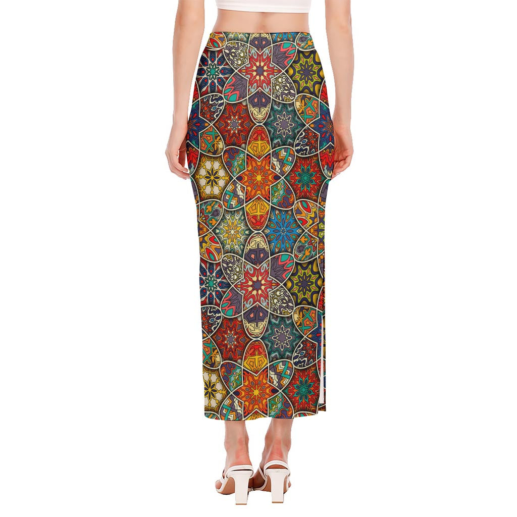 Mandala Star Bohemian Pattern Print Side Slit Maxi Skirt