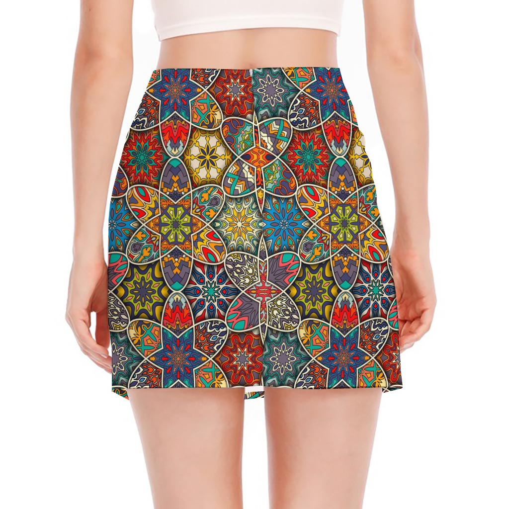 Mandala Star Bohemian Pattern Print Side Slit Mini Skirt
