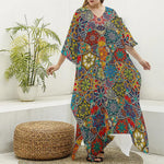 Mandala Star Bohemian Pattern Print Silk V-Neck Kaftan Dress