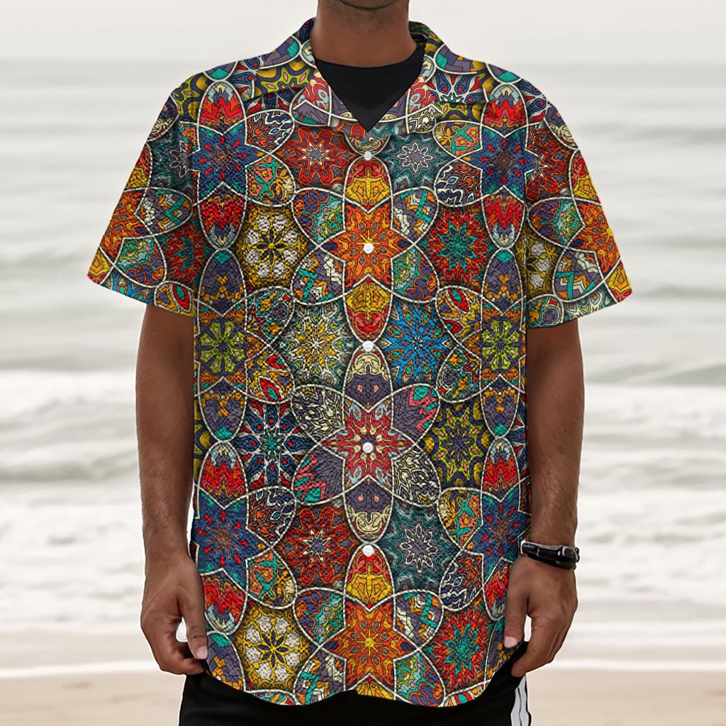 Mandala Star Bohemian Pattern Print Textured Short Sleeve Shirt