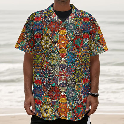 Mandala Star Bohemian Pattern Print Textured Short Sleeve Shirt