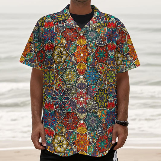 Mandala Star Bohemian Pattern Print Textured Short Sleeve Shirt