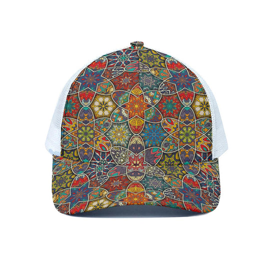 Mandala Star Bohemian Pattern Print White Mesh Trucker Cap