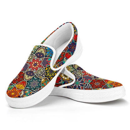 Mandala Star Bohemian Pattern Print White Slip On Sneakers