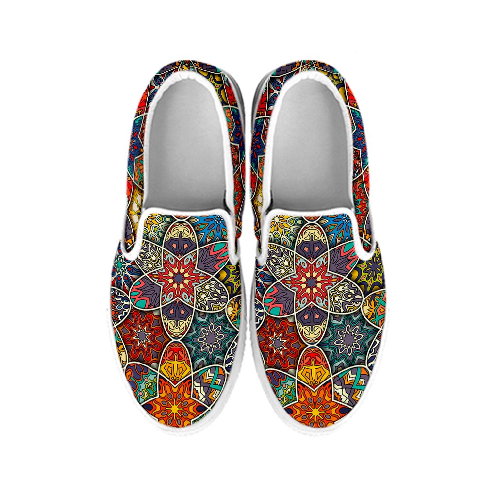 Mandala Star Bohemian Pattern Print White Slip On Sneakers