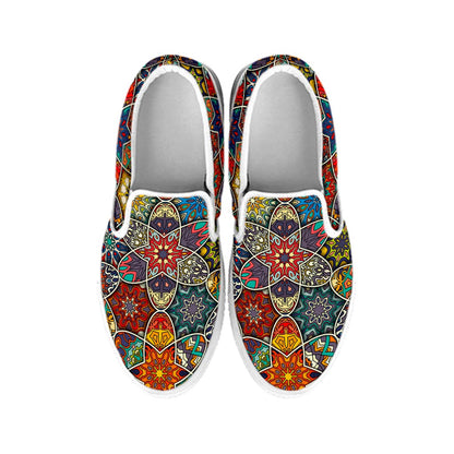 Mandala Star Bohemian Pattern Print White Slip On Sneakers