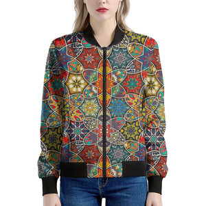 Mandala Star Bohemian Pattern Print Women's Bomber Jacket
