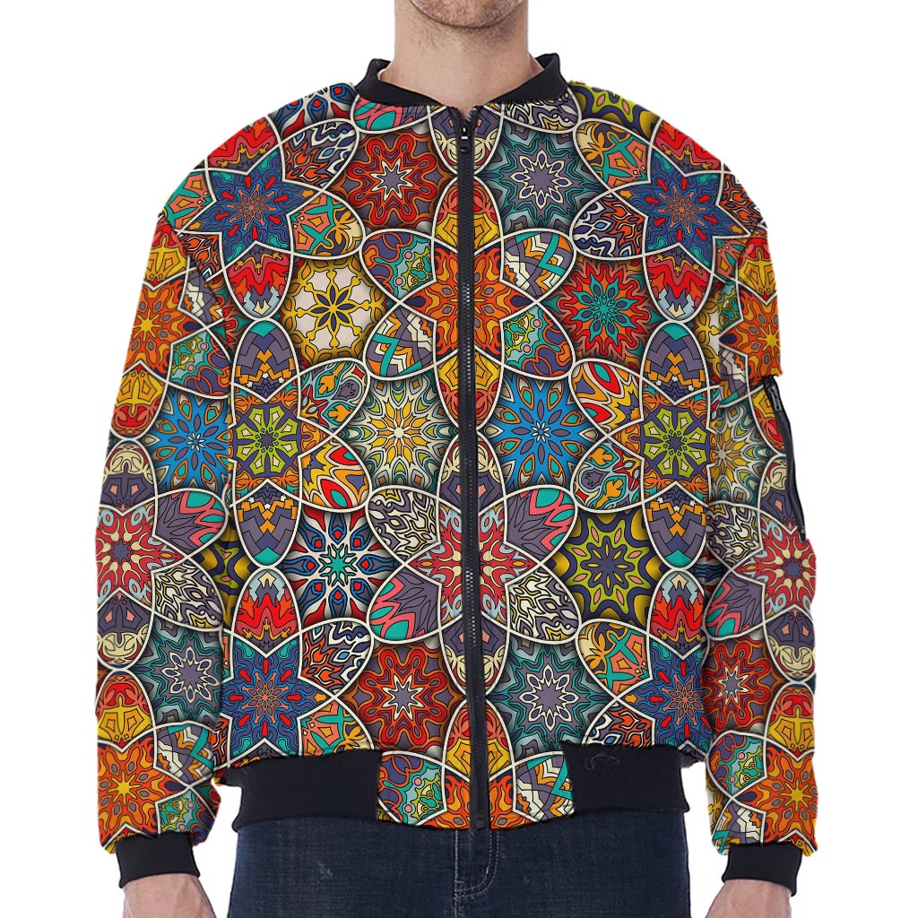Mandala Star Bohemian Pattern Print Zip Sleeve Bomber Jacket