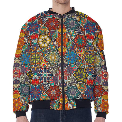 Mandala Star Bohemian Pattern Print Zip Sleeve Bomber Jacket