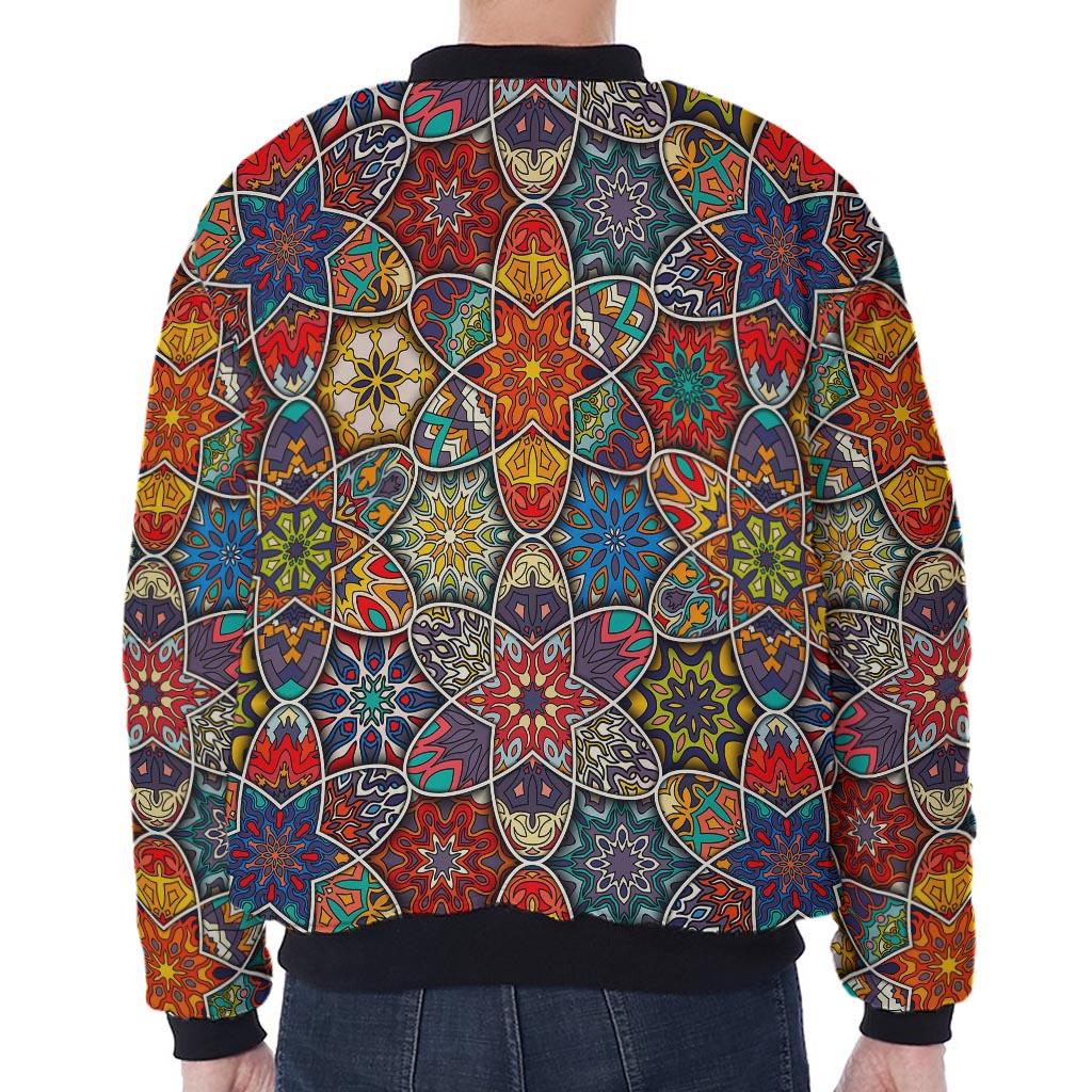 Mandala Star Bohemian Pattern Print Zip Sleeve Bomber Jacket