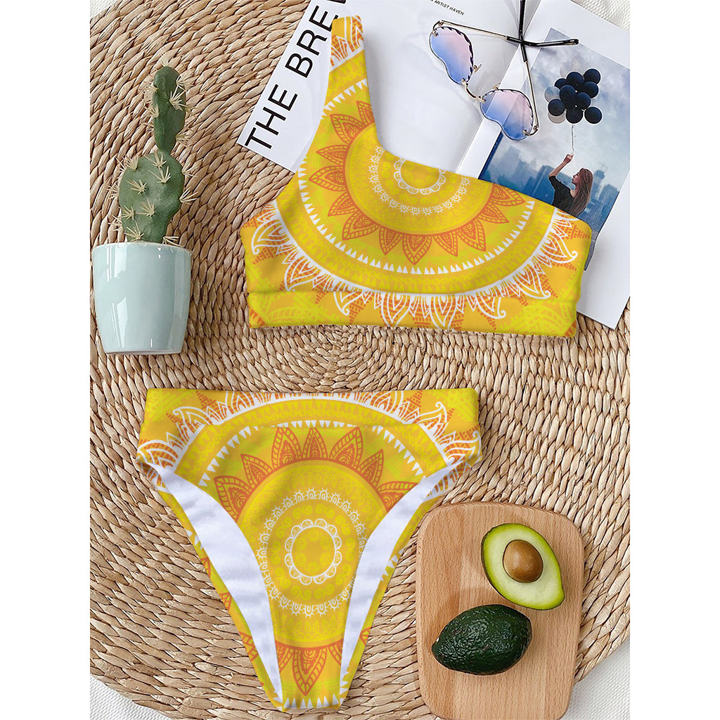 Mandala Sun Print One Shoulder Bikini Top