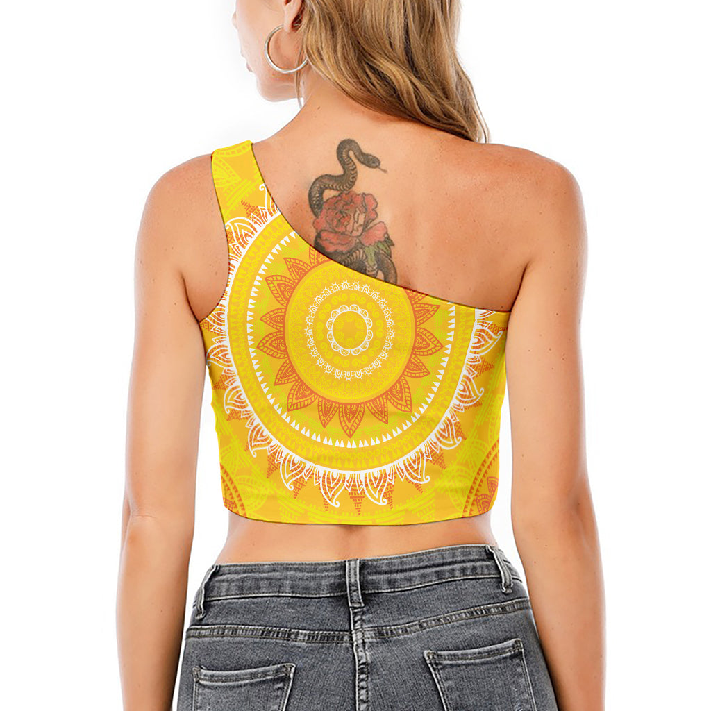 Mandala Sun Print One Shoulder Crop Top