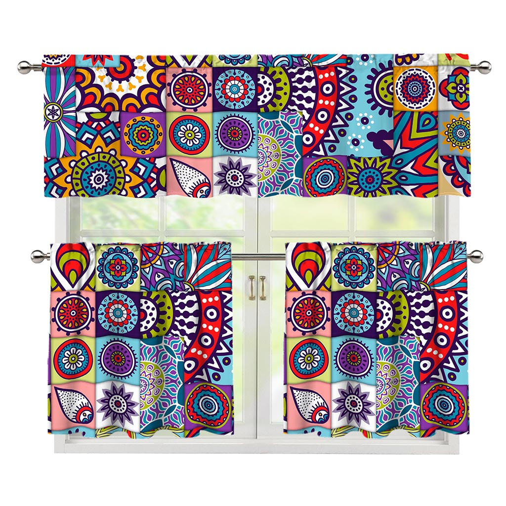 Mandala Tile Bohemian Pattern Print 3 Piece Kitchen Curtains