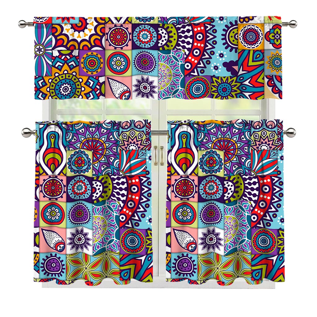 Mandala Tile Bohemian Pattern Print 3 Piece Kitchen Curtains