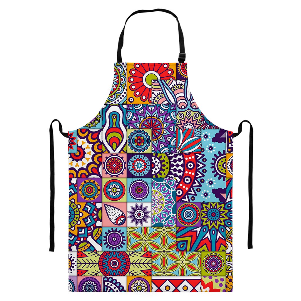 Mandala Tile Bohemian Pattern Print Bib Apron With Pocket