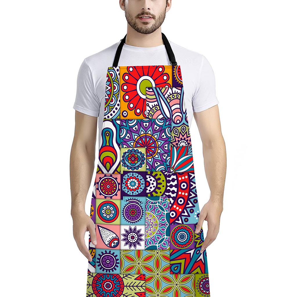 Mandala Tile Bohemian Pattern Print Bib Apron With Pocket