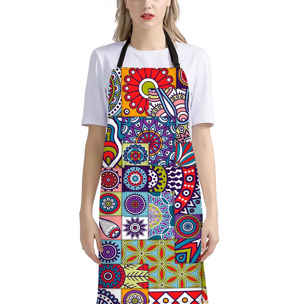 Mandala Tile Bohemian Pattern Print Bib Apron With Pocket