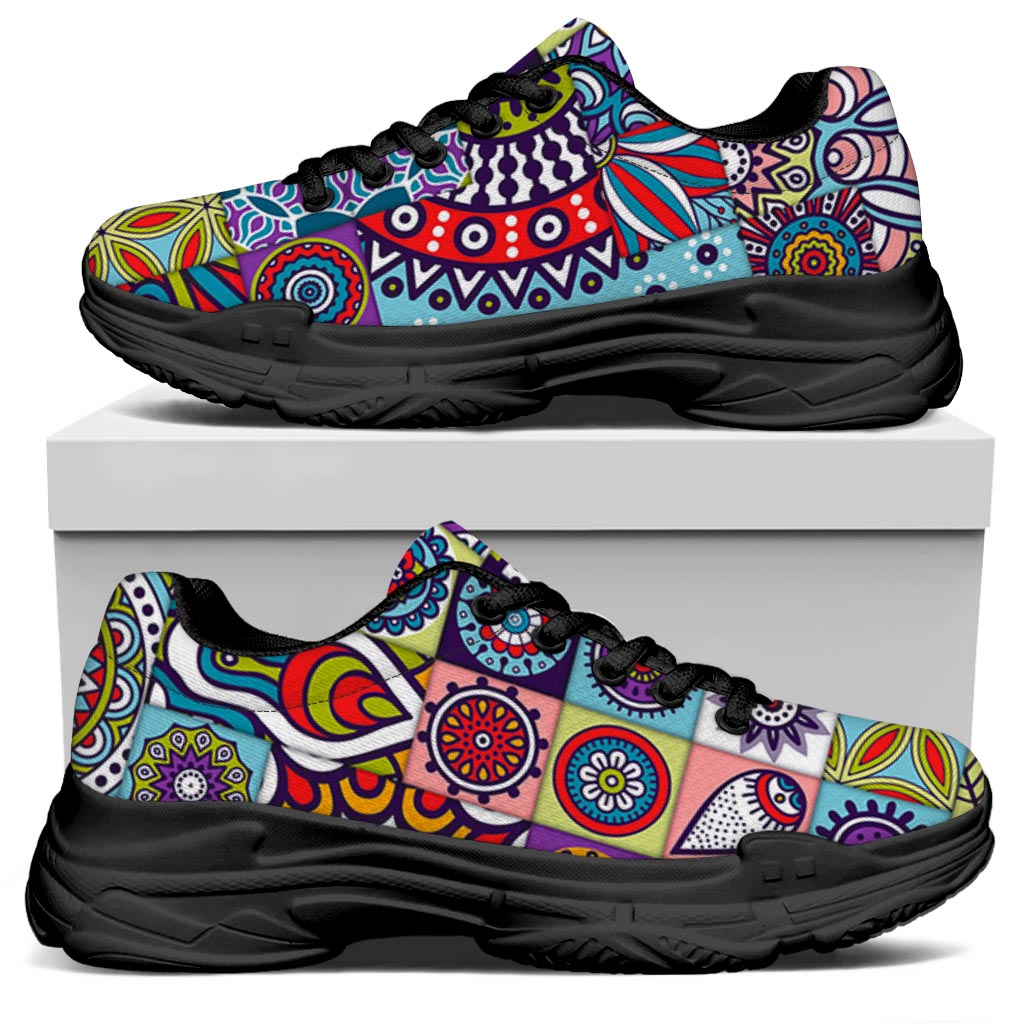Mandala Tile Bohemian Pattern Print Black Chunky Shoes
