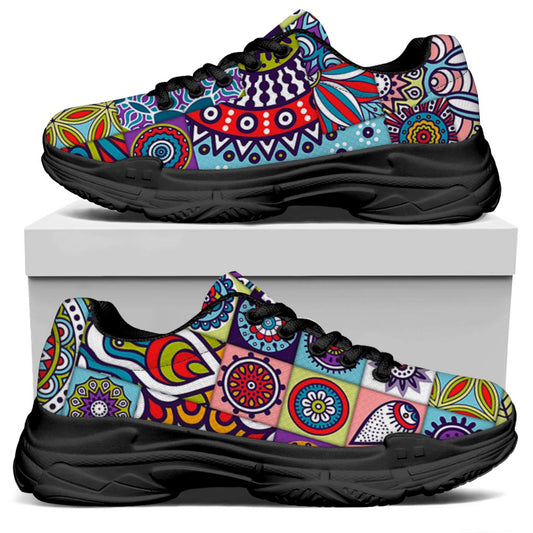 Mandala Tile Bohemian Pattern Print Black Chunky Shoes