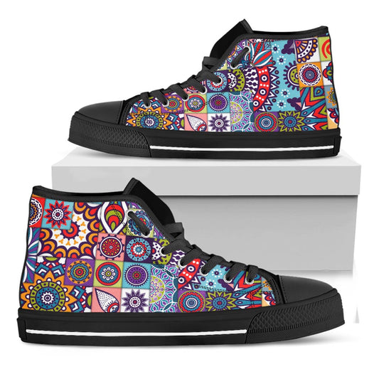 Mandala Tile Bohemian Pattern Print Black High Top Sneakers