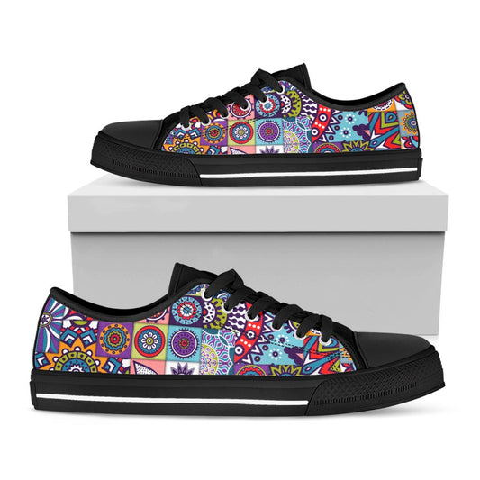 Mandala Tile Bohemian Pattern Print Black Low Top Sneakers