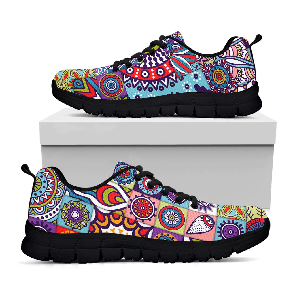 Mandala Tile Bohemian Pattern Print Black Running Shoes