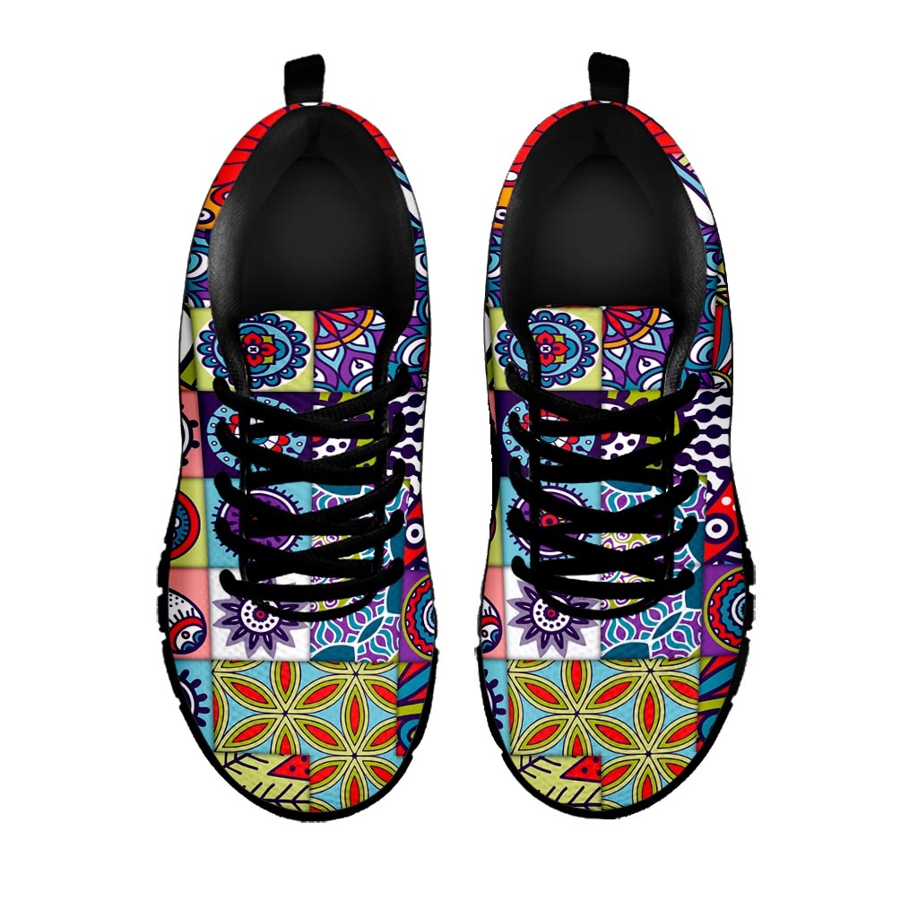 Mandala Tile Bohemian Pattern Print Black Running Shoes
