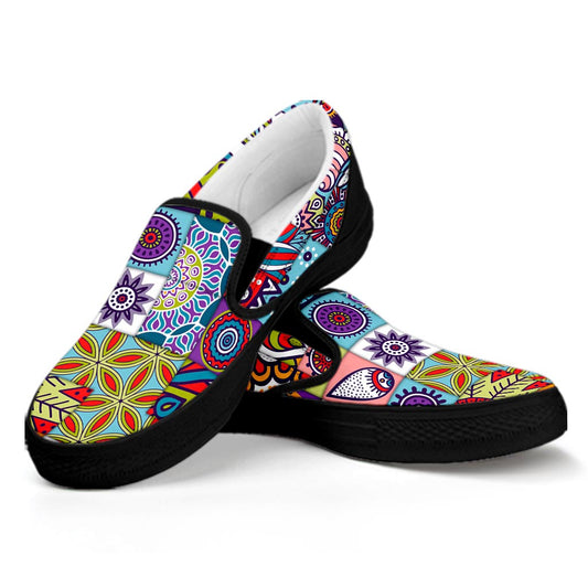 Mandala Tile Bohemian Pattern Print Black Slip On Sneakers