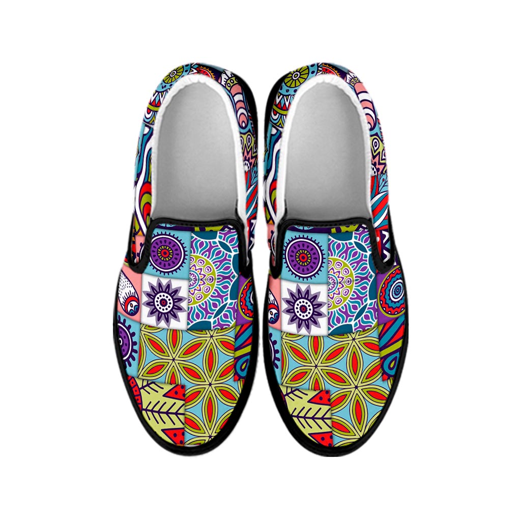 Mandala Tile Bohemian Pattern Print Black Slip On Sneakers