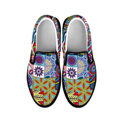 Mandala Tile Bohemian Pattern Print Black Slip On Sneakers