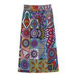 Mandala Tile Bohemian Pattern Print Cotton Front Slit Maxi Skirt