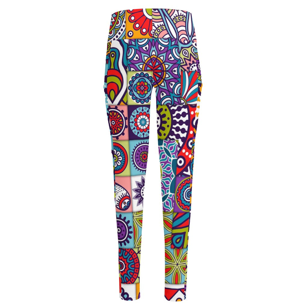 Mandala Tile Bohemian Pattern Print High-Waisted Pocket Leggings
