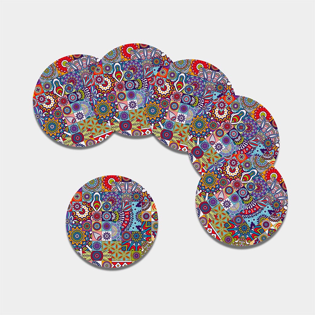Mandala Tile Bohemian Pattern Print Leather Coaster Set